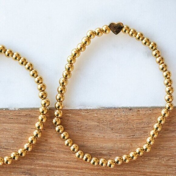 Gold Beaded Stretch Bracelet w/Heart Waterproof Stackable Jewelry Heart Bracelet - Picture 7 of 11